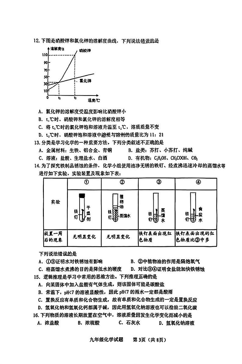 山东省泰安市东平县2023-2024学年九年级上学期1月期末化学试题第3页
