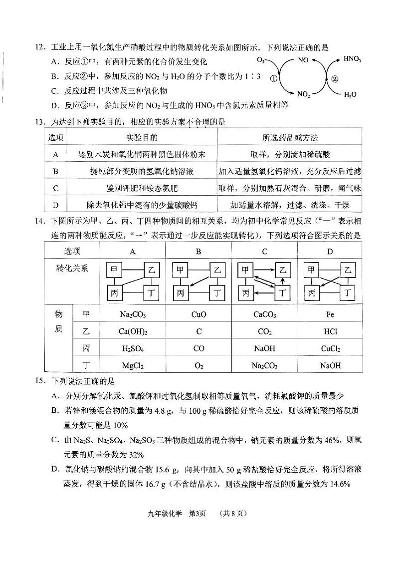 2024年天津市南开区中考二模化学试卷【含答案】03