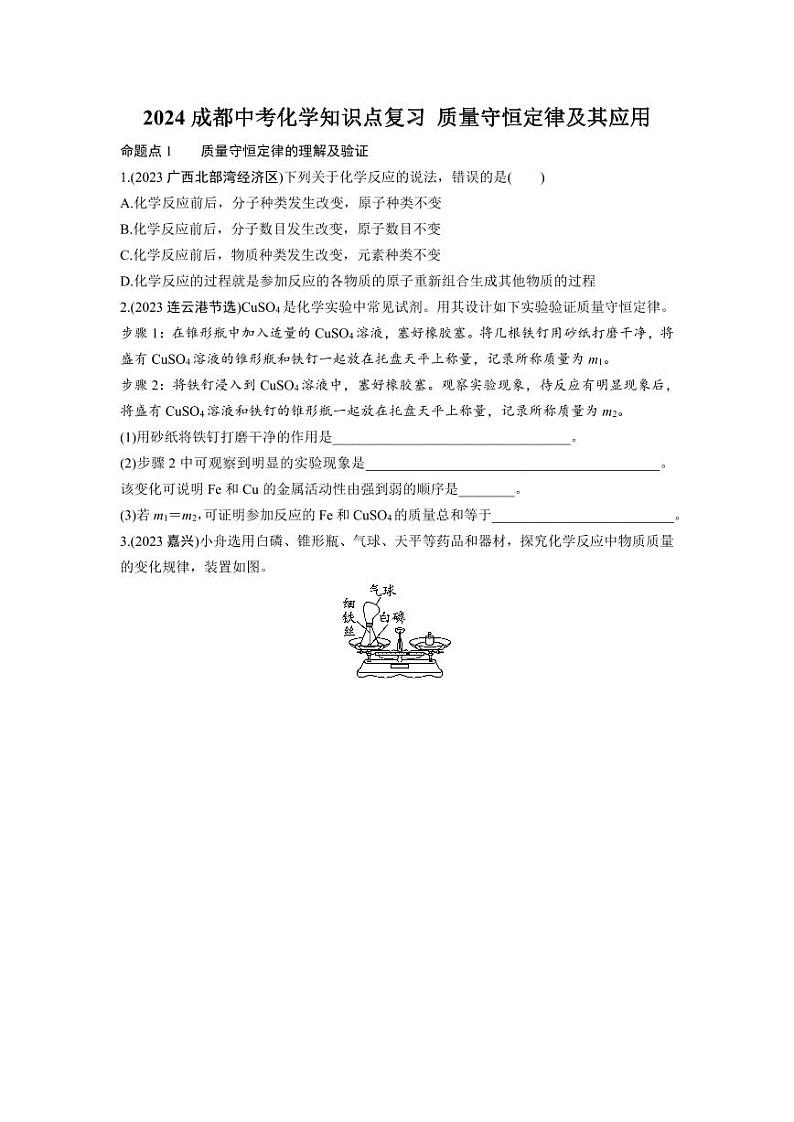 2024成都中考化学知识点复习 质量守恒定律及其应用 (含详细解析)第1页