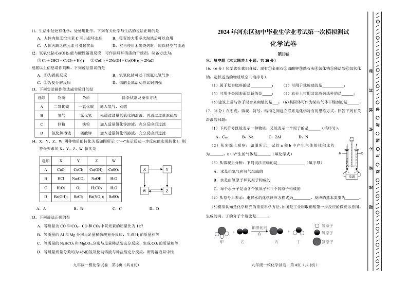 2024年河东区中考一模化学试卷【含答案】02