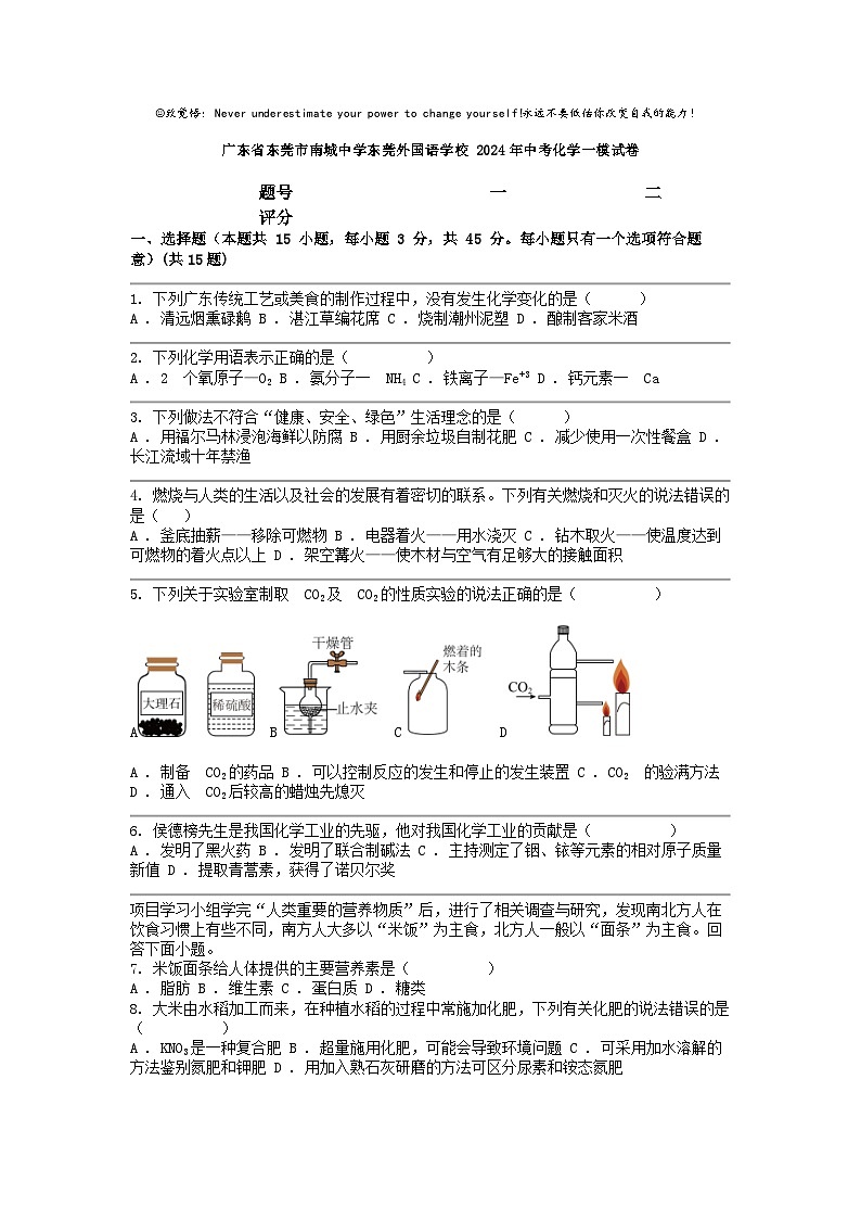 [化学][一模]广东省东莞市南城中学东莞外国语学校2024年中考试卷第1页