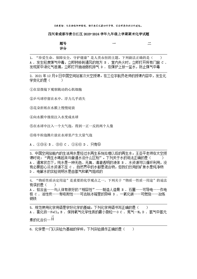 [化学]四川省成都市青白江区2023-2024学年九年级上学期期末试题第1页