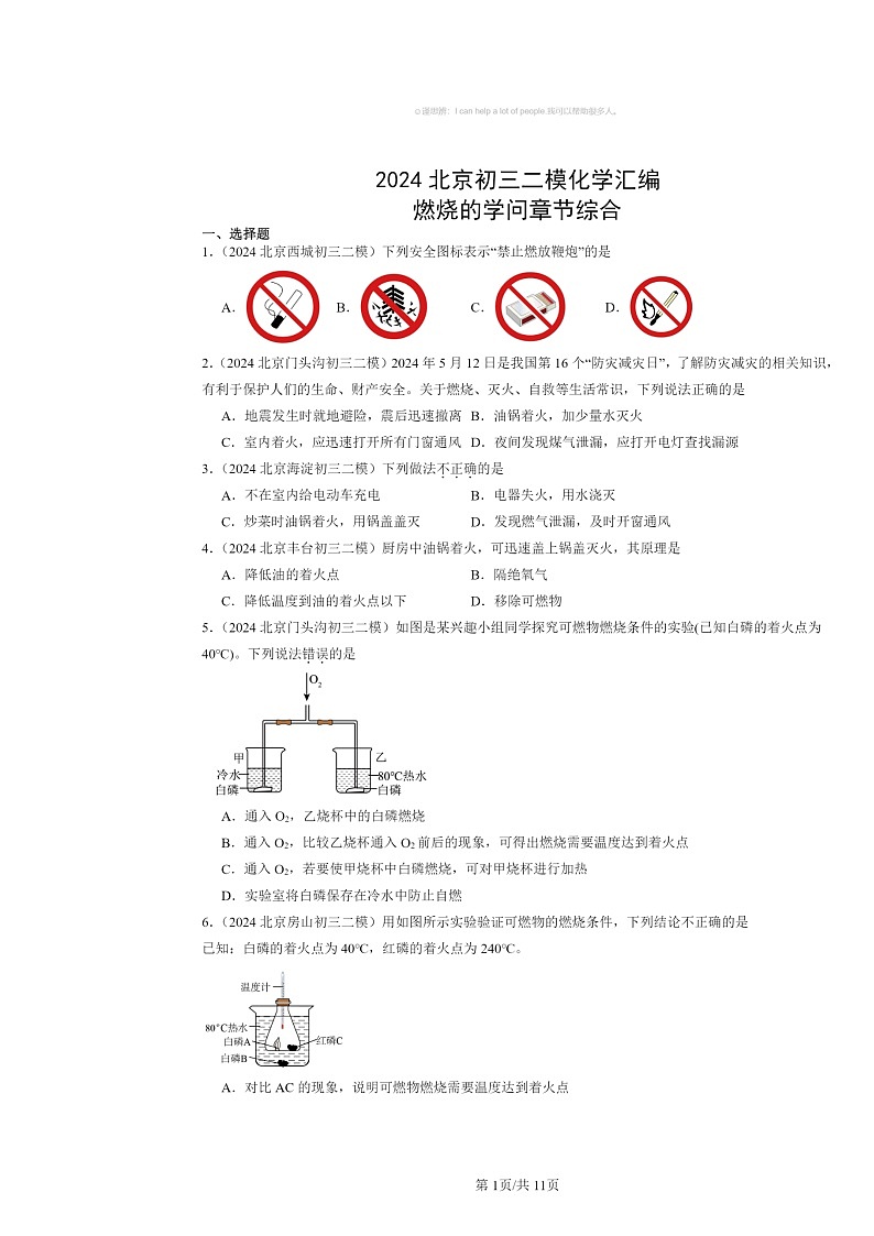 [化学][二模]2024北京初三试题分类汇编：燃烧的学问章节综合第1页
