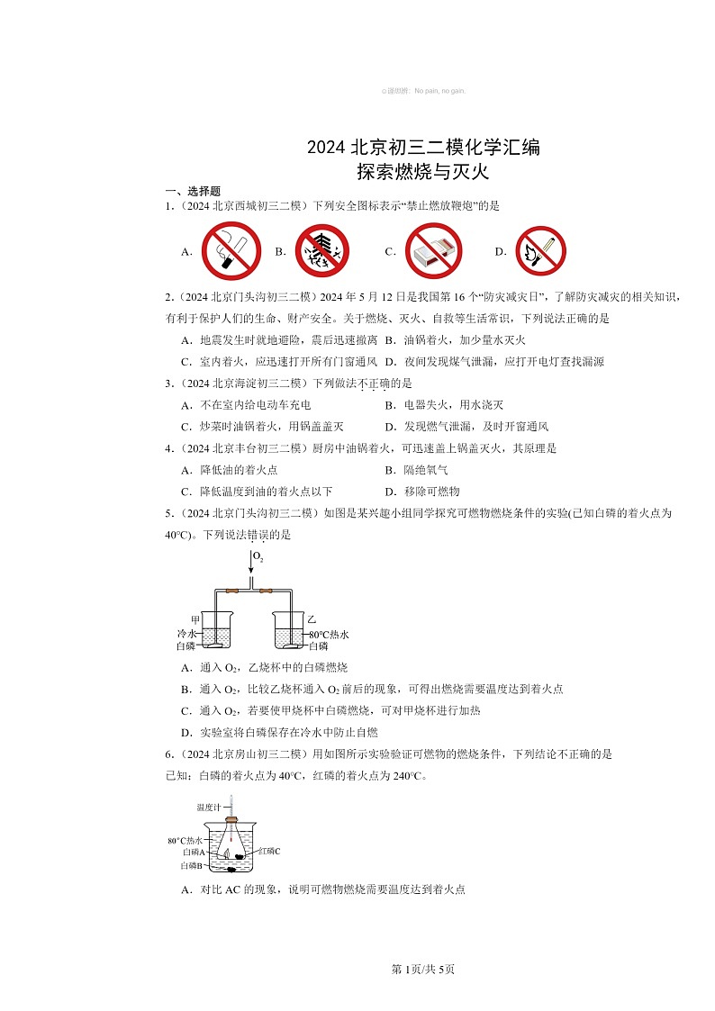 [化学][二模]2024北京初三试题分类汇编：探索燃烧与灭火01