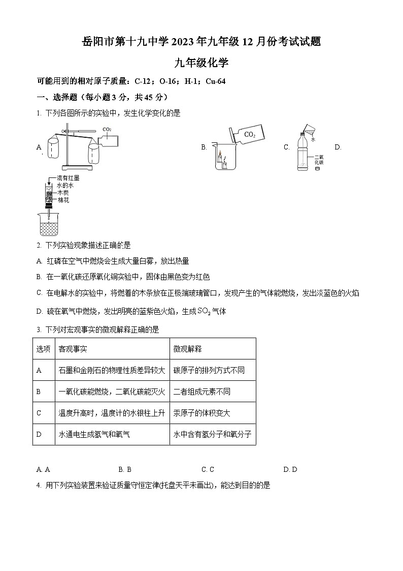 湖南省岳阳市第十九中学2023-2024学年九年级上学期12月月考化学试题（解析版）01
