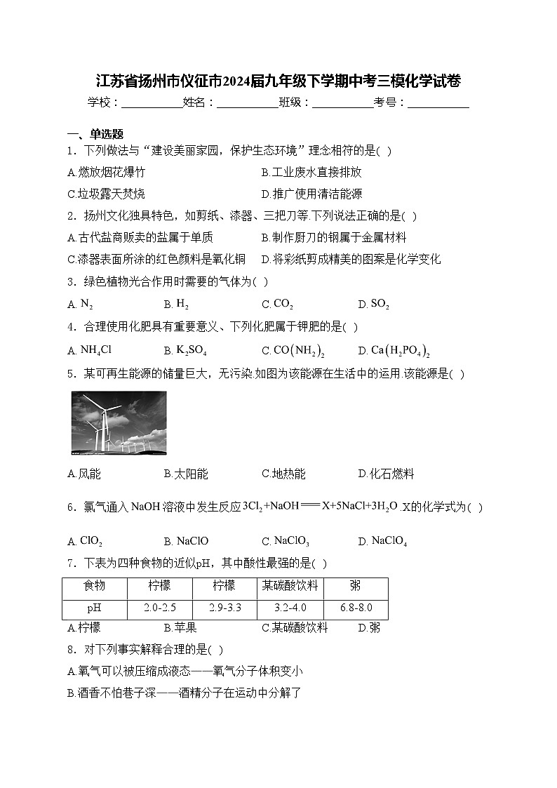 江苏省扬州市仪征市2024届九年级下学期中考三模化学试卷(含答案)01