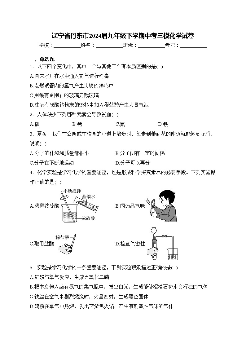 辽宁省丹东市2024届九年级下学期中考三模化学试卷(含答案)第1页