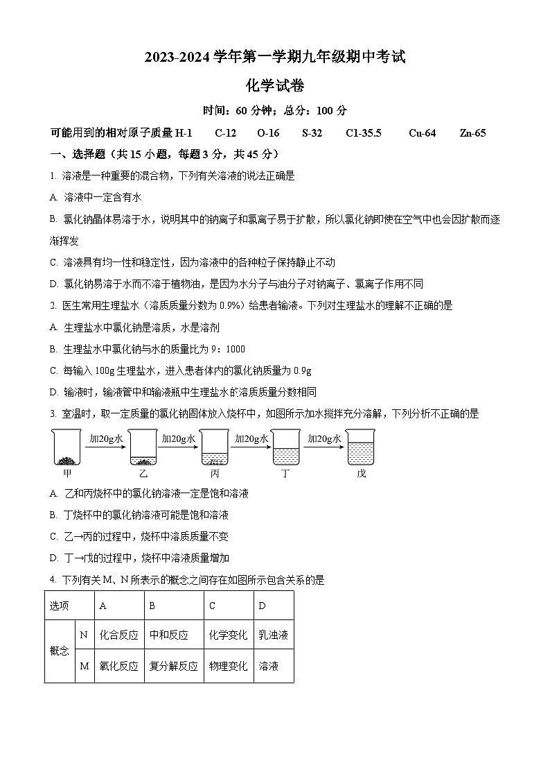 山东省东营市开发区五校2023-2024学年九年级上学期期中联考化学试题（解析版）第1页