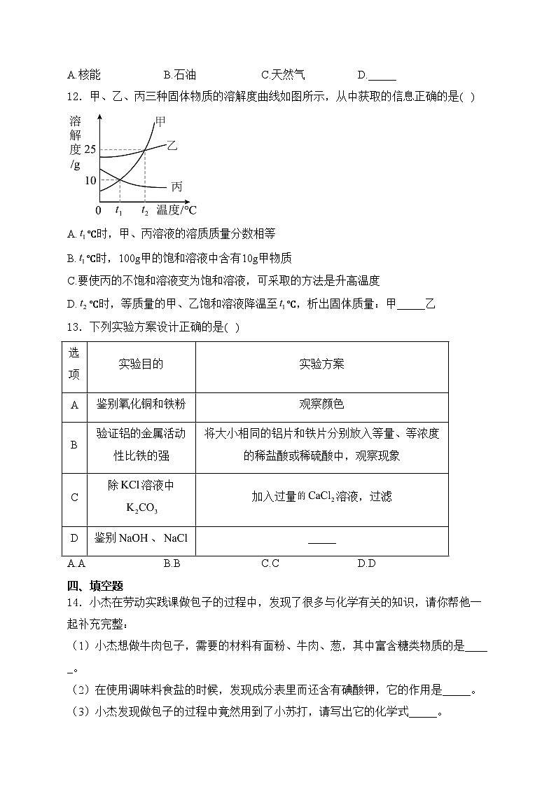 江西省上饶市玉山县2024届九年级下学期中考一模化学试卷(含答案)03