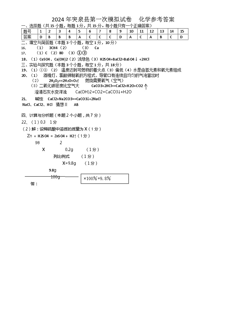 内蒙古兴安盟突泉县2024年中考第一次模拟考试化学试题01