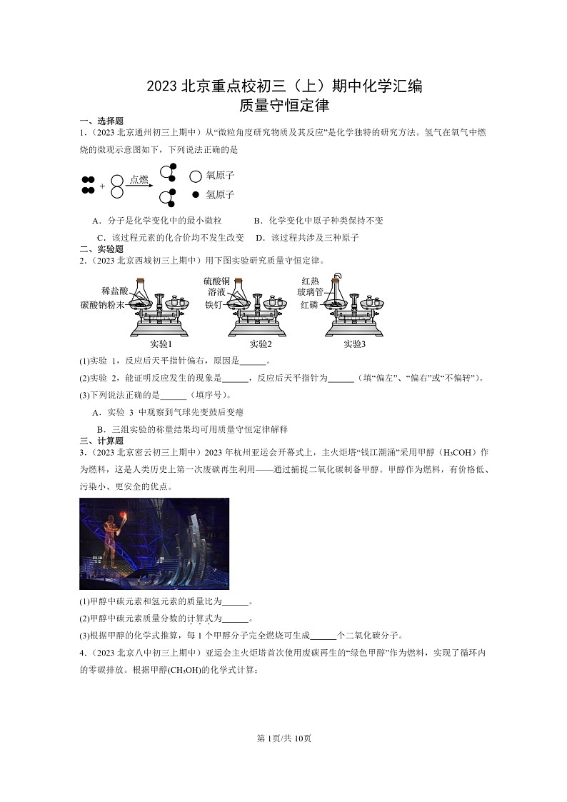 [化学]2023北京重点校初三上学期期中分类汇编：质量守恒定律第1页