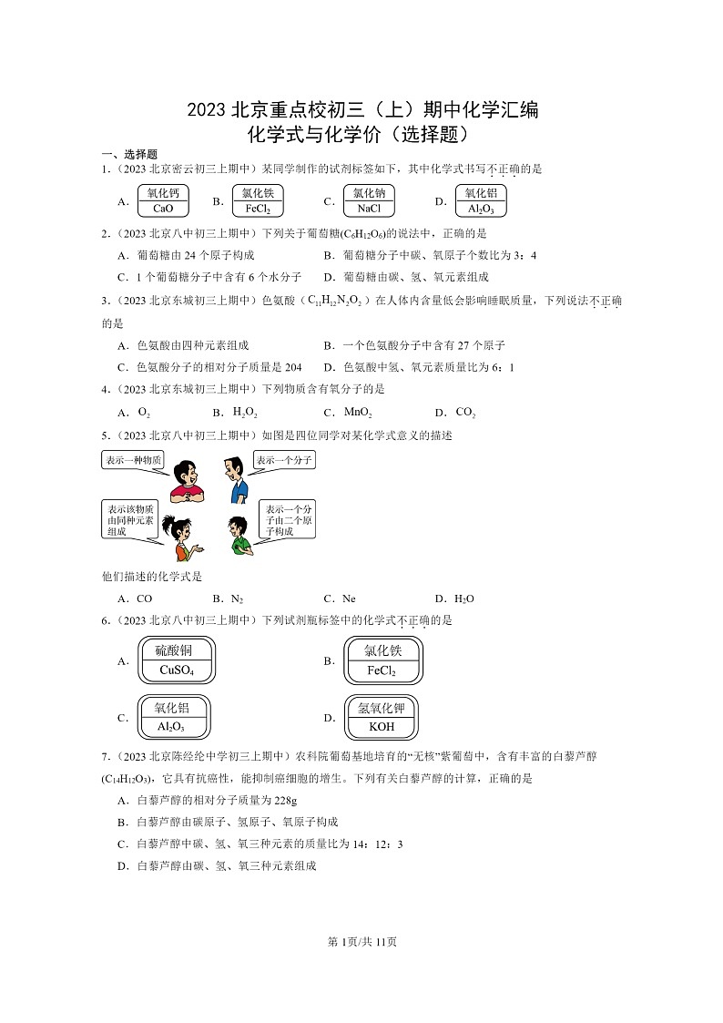 [化学]2023北京重点校初三上学期期中分类汇编：式与价(选择题)第1页