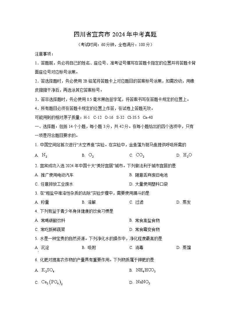 [化学]四川省宜宾市2024年中考真题01