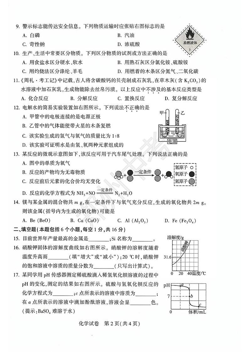 【郑州中考】2024河南中考化学试卷 答案第2页