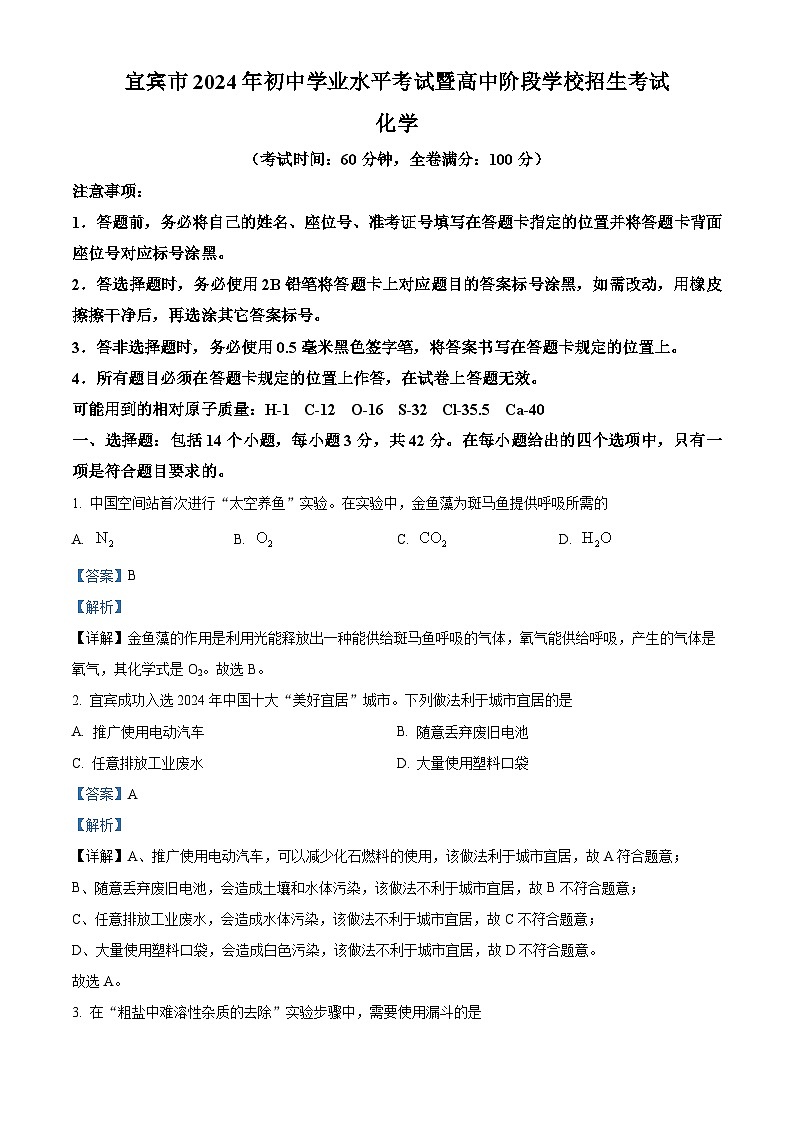 2024年中考真题—四川省宜宾市化学试题（解析版）01