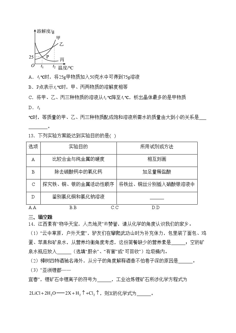 江西省萍乡市2024届九年级下学期中考一模化学试卷(含答案)03