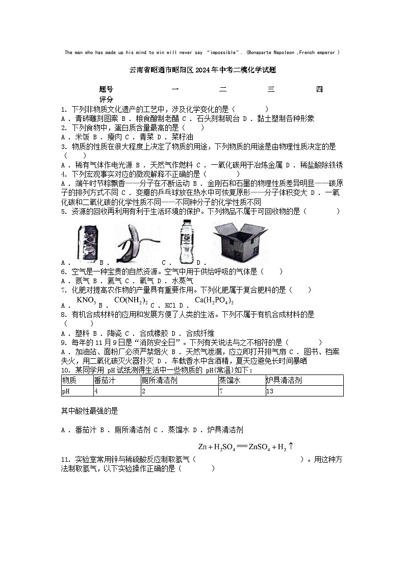 [化学][二模]云南省昭通市昭阳区2024年中考试题01