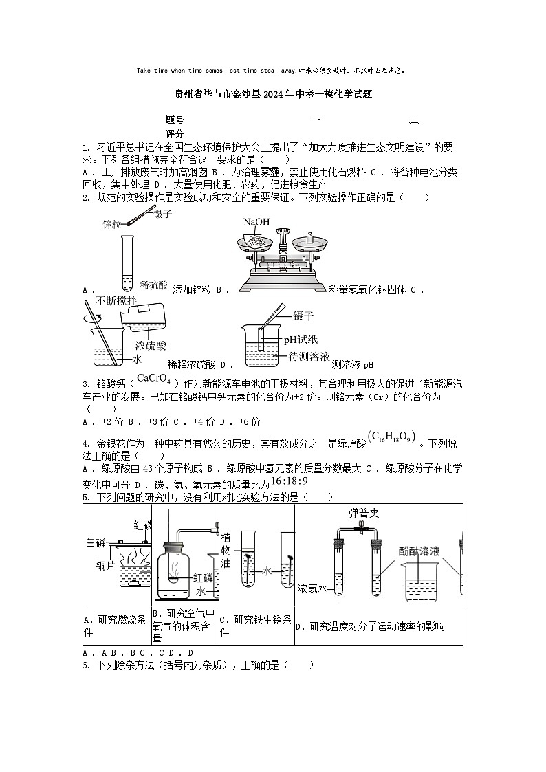 [化学][一模]贵州省毕节市金沙县2024年中考试题01