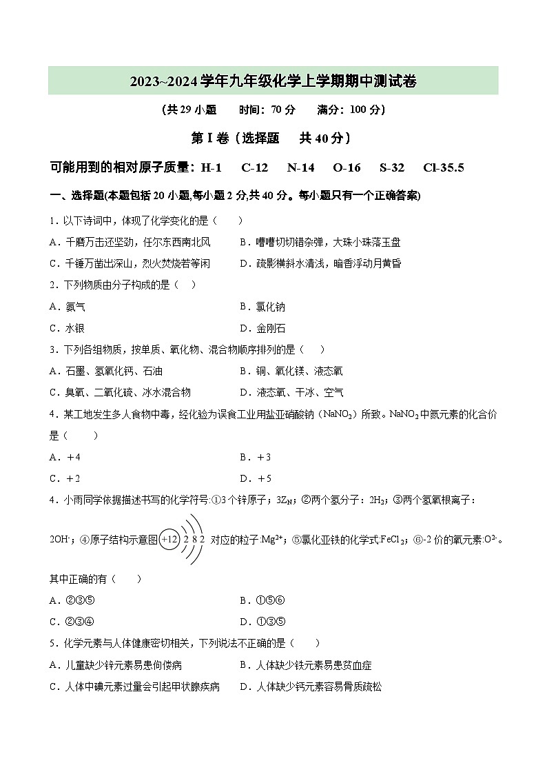 期中测试卷-2023-2024学年九年级化学上册（沪教版）01