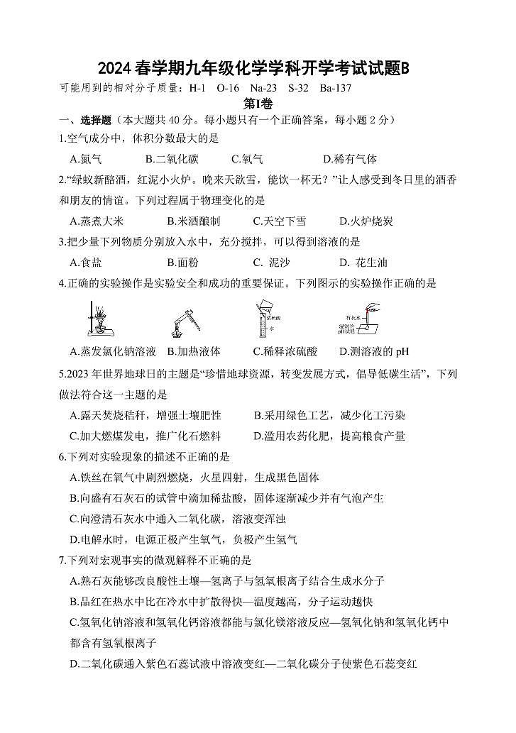 广西柳州市鹿寨县鹿寨中学2023-2024学年九年级下学期开学考试化学试题B第1页