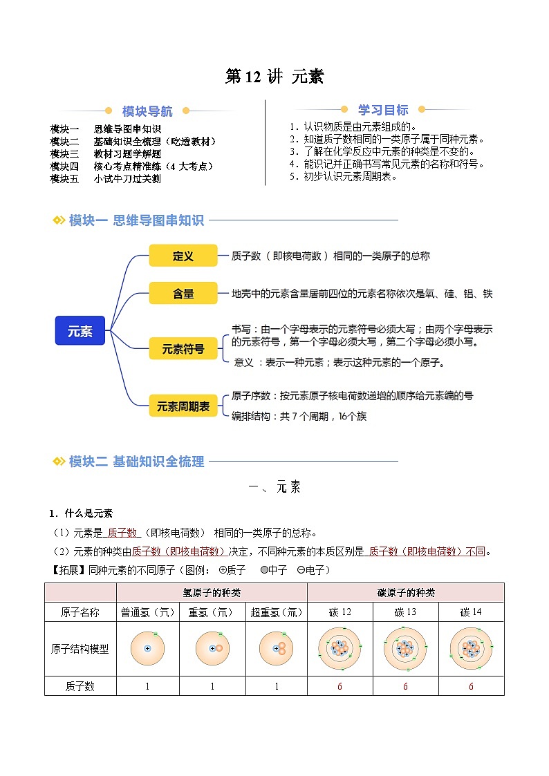 第12讲 元素（人教版）-新九年级化学暑假衔接讲义（教师版+学生版）01