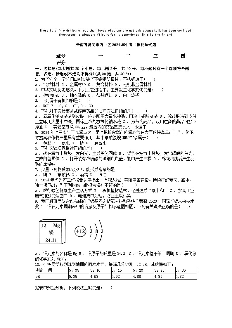 [化学][二模]云南省昆明市西山区2024年中考二模化学试题01