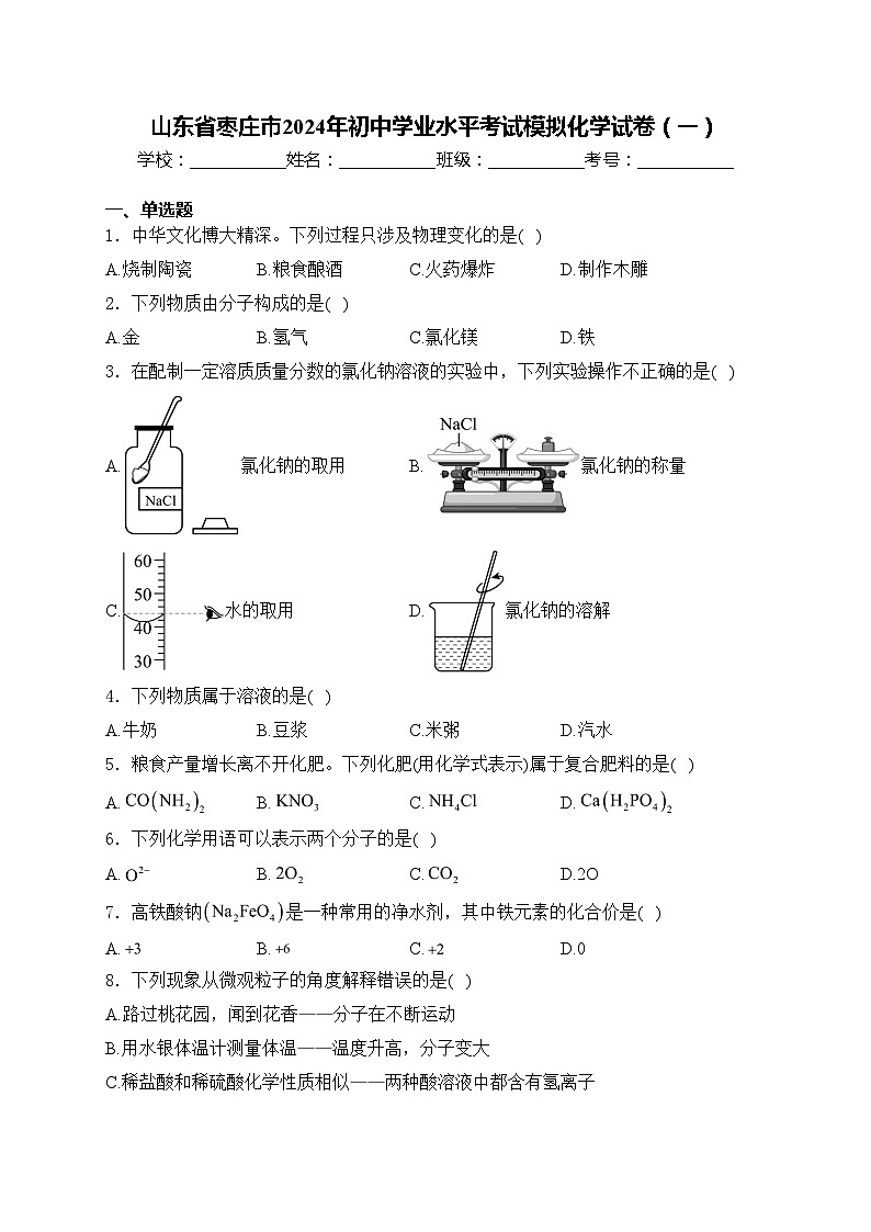 山东省枣庄市2024年初中学业水平考试模拟化学试卷（一）(含答案)01