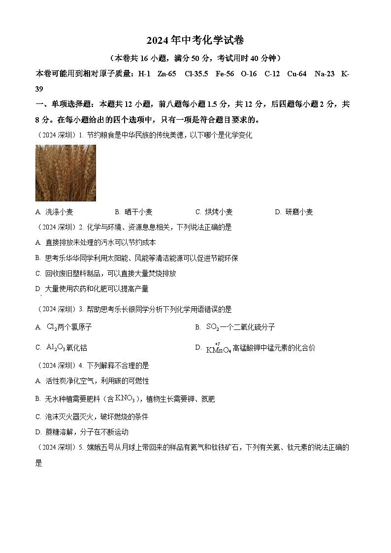 2024年广东省深圳市中考化学真题01