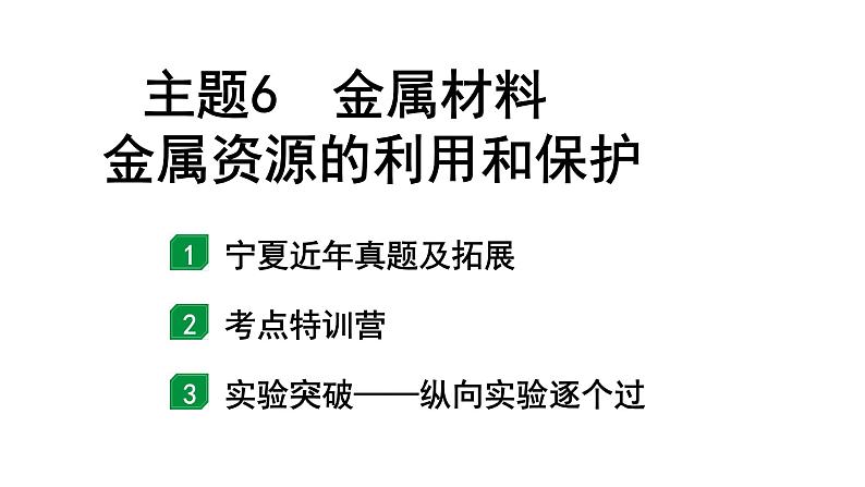 2024宁夏中考化学二轮重点专题突破 主题6 金属材料 金属资源的利用和保护（课件）第1页