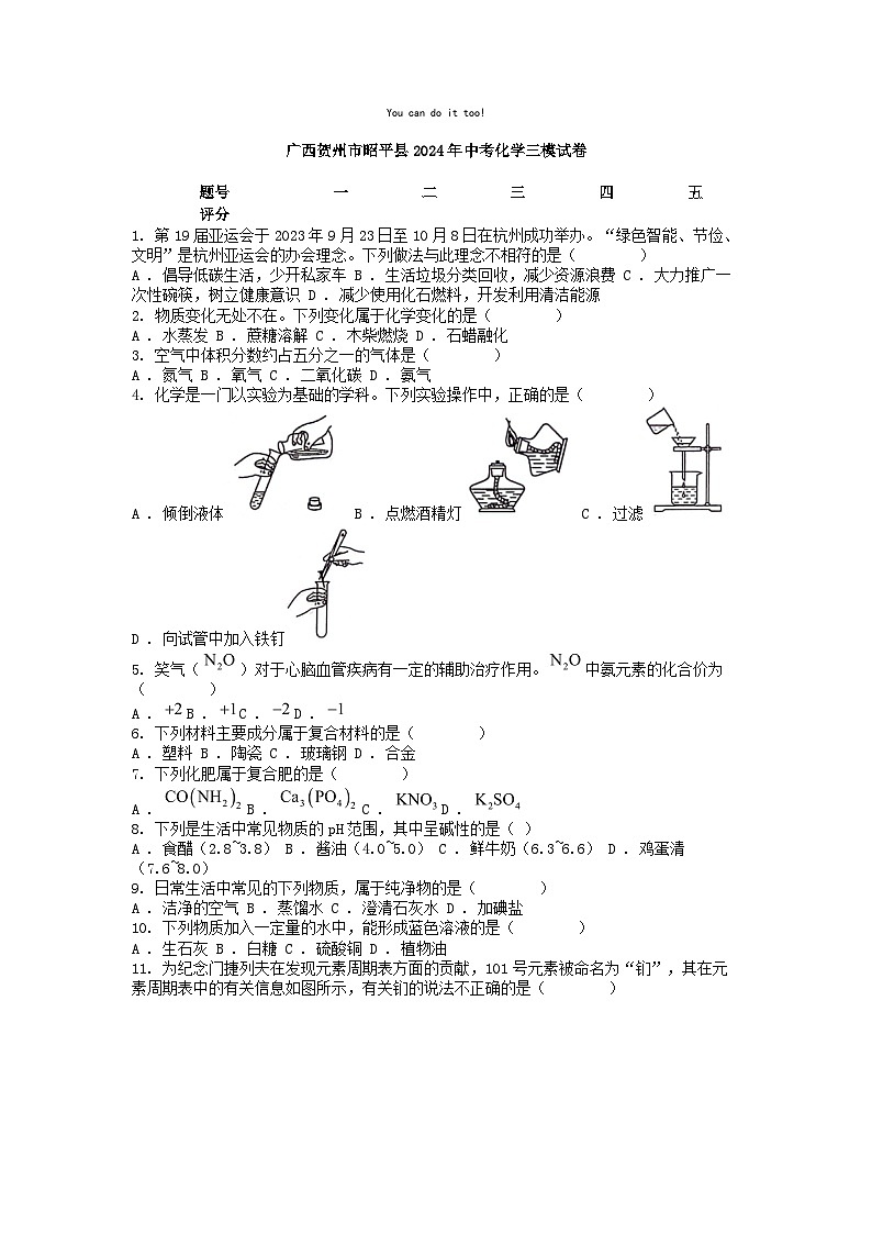 [化学][三模]广西贺州市昭平县2024年中考化学三模试卷第1页
