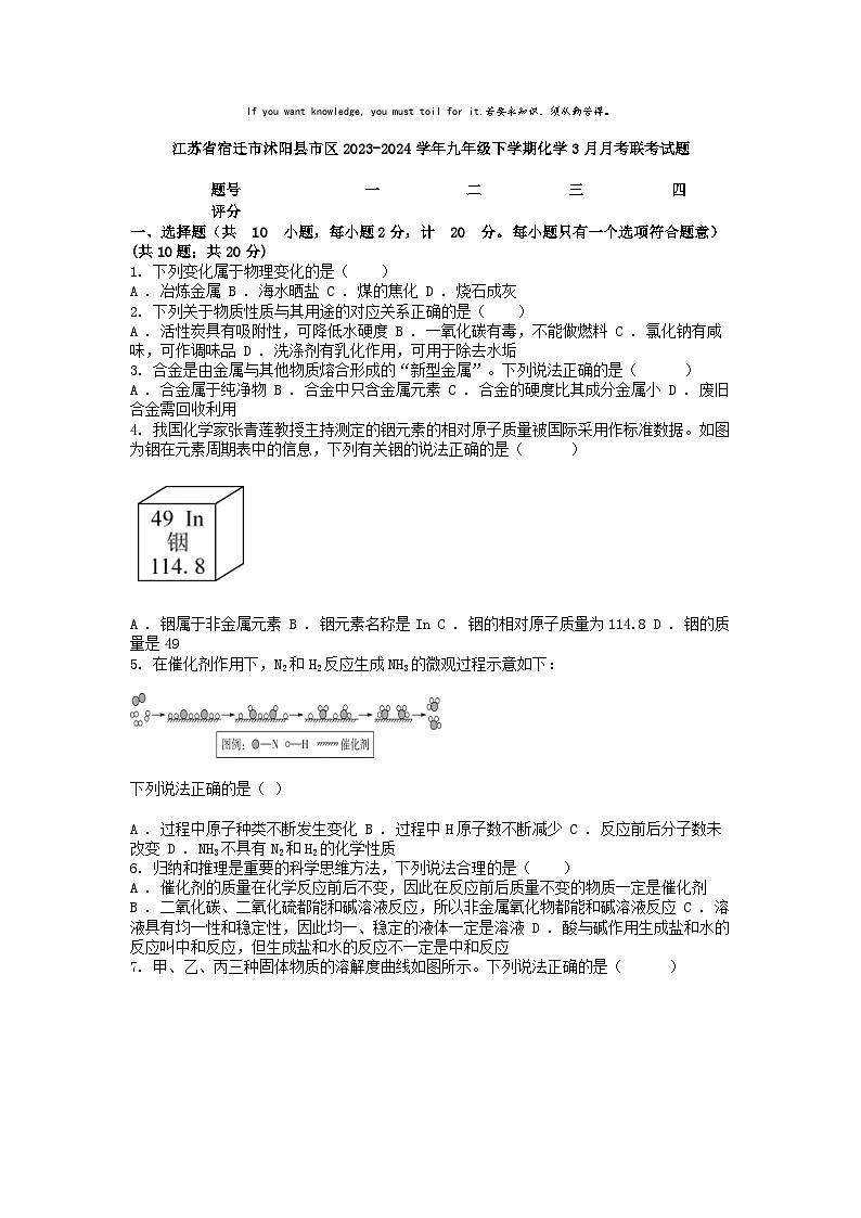 [化学]江苏省宿迁市沭阳县市区2023-2024学年九年级下学期化学3月月考联考试题第1页