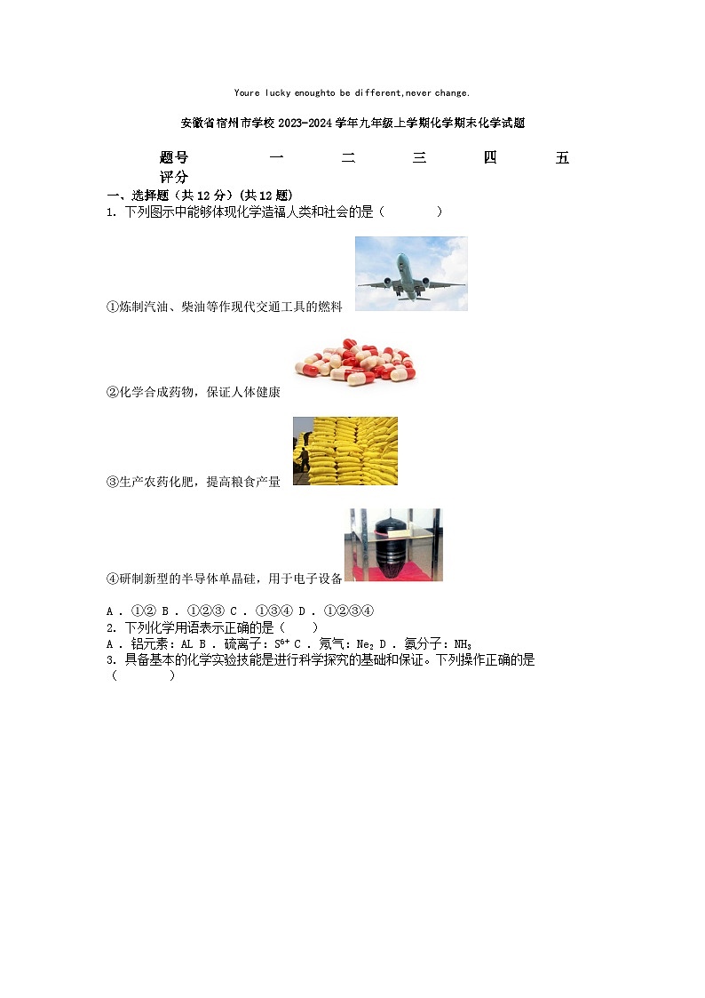 [化学][期末]安徽省宿州市学校2023-2024学年九年级上学期化学期末化学试题01