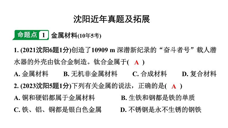 2024沈阳中考化学二轮专题复习 金属的性质和利用（课件）第2页