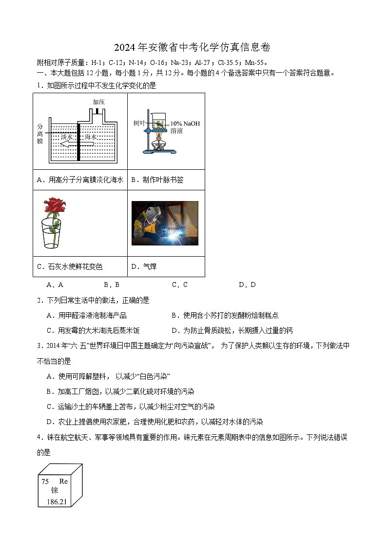 2024年安徽省中考仿真信息化学试卷第1页