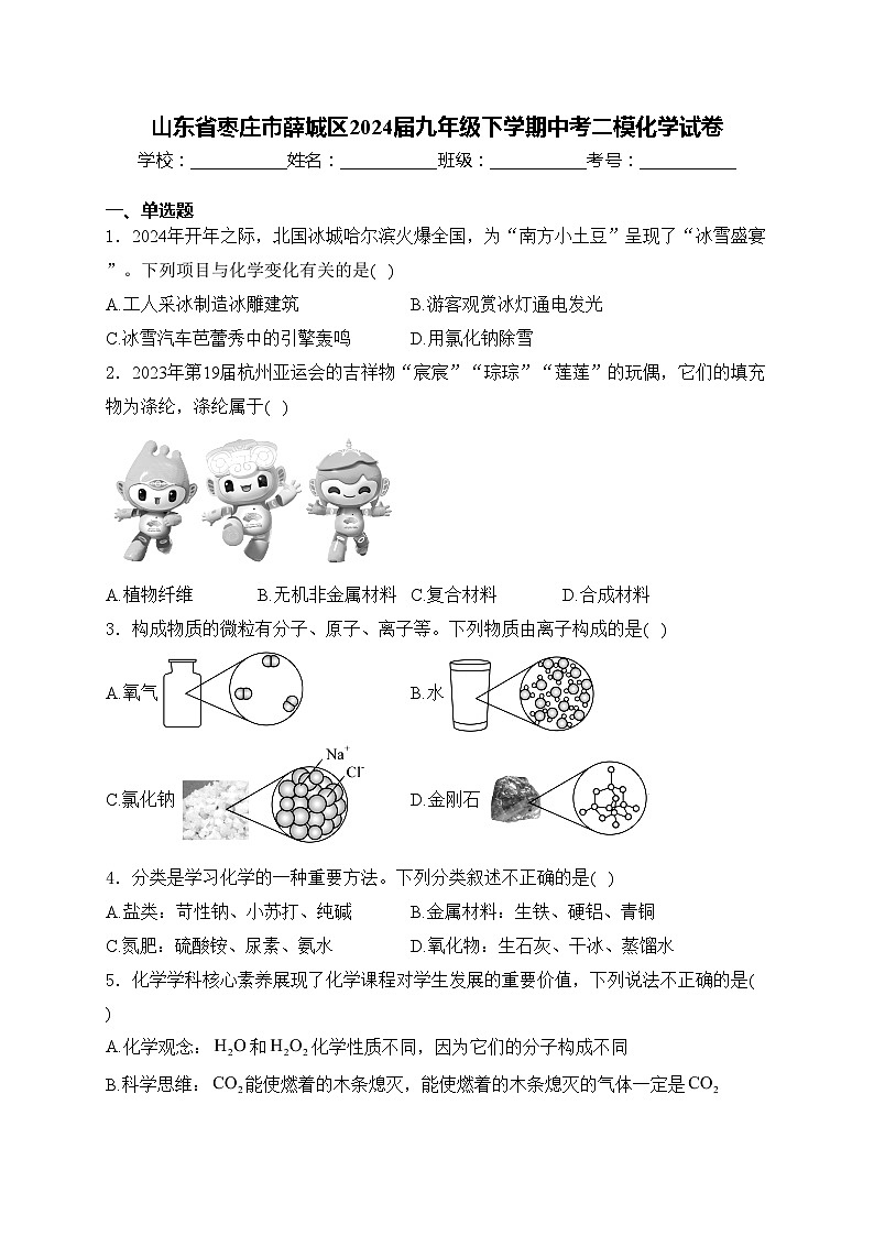 山东省枣庄市薛城区2024届九年级下学期中考二模化学试卷(含答案)01