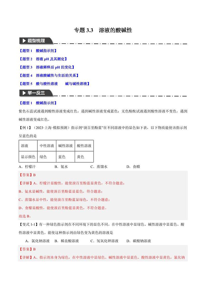 专题3.3溶液的酸碱性（五大题型）-2023-2024学年九年级化学第一学期同步举一反三系列（沪教版·上海）（含答案）01