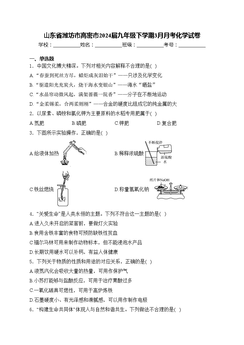 山东省潍坊市高密市2024届九年级下学期3月月考化学试卷(含答案)第1页