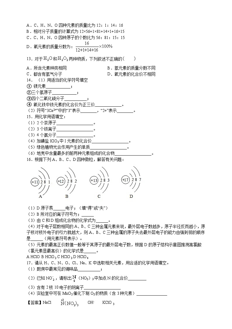 初中化学第四单元课题4化学式与化合价课时练习-学生版第3页