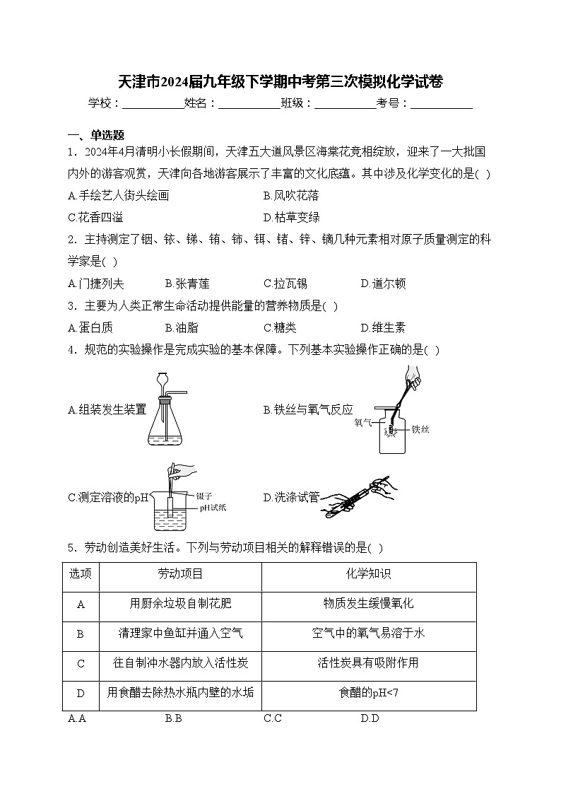 天津市2024届九年级下学期中考第三次模拟化学试卷(含答案)第1页