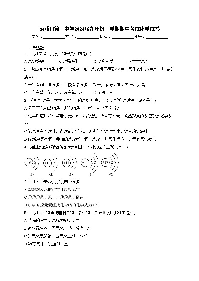 溆浦县第一中学2024届九年级上学期期中考试化学试卷(含答案)01