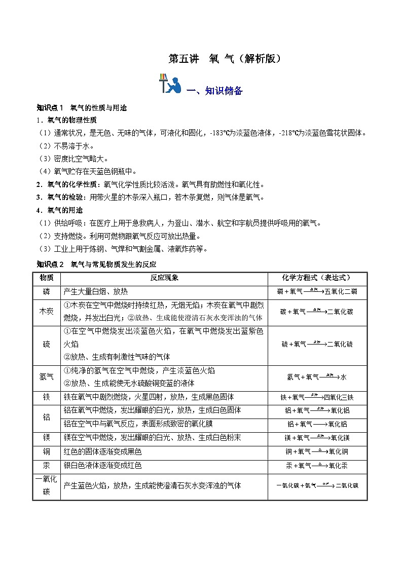 第五讲 氧气（原卷版+解析版）-【暑假弯道超车】2024-2025学年九年级化学上册暑假讲义+习题（人教版2024）01