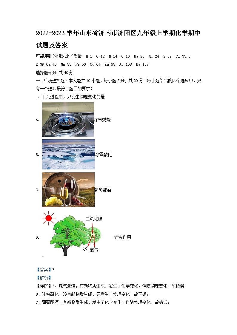 2022-2023学年山东省济南市济阳区九年级上学期化学期中试题及答案01