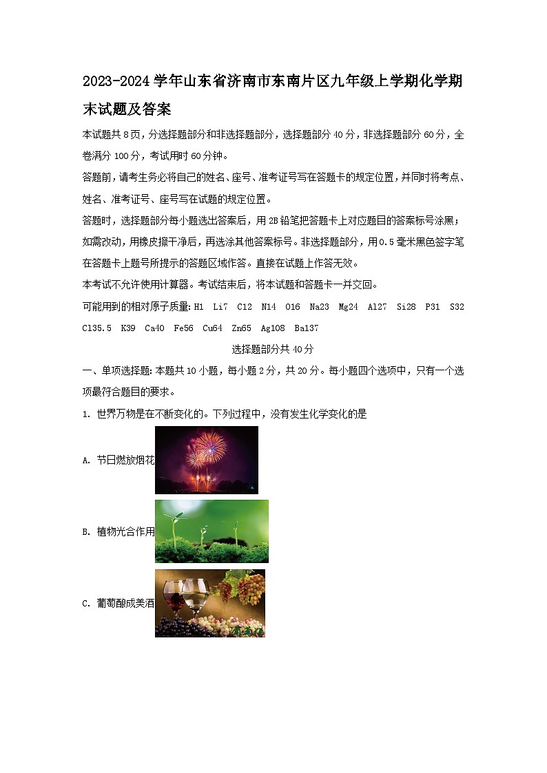 2023-2024学年山东省济南市东南片区九年级上学期化学期末试题及答案第1页