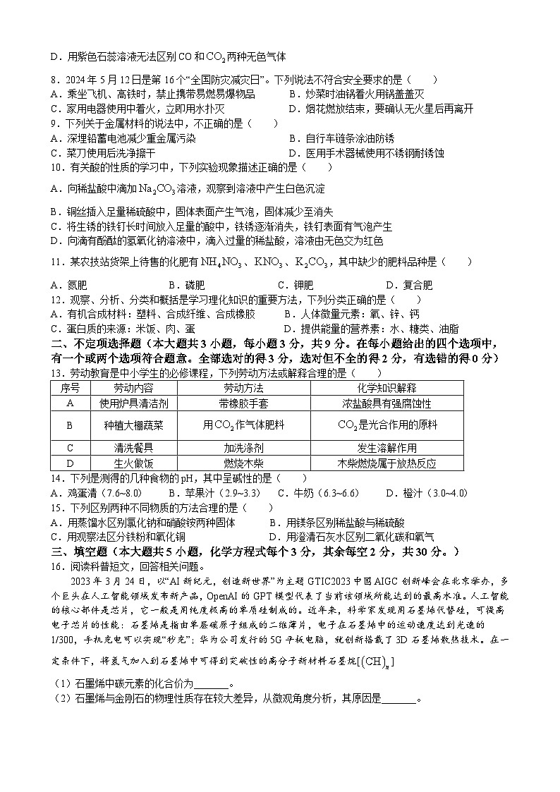 2024年湖南省长沙市湖南师大附中博才实验中学中考第三次模拟试卷化学试题(无答案)第2页