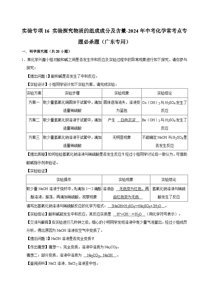实验专项16 实验探究物质的组成成分及含量共20题-2024年中考化学常考点专题必杀题（广东专用）（解析版）第1页