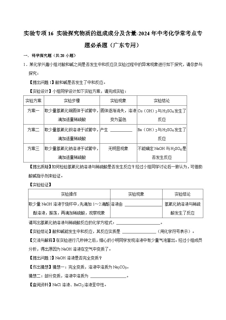 实验专项16 实验探究物质的组成成分及含量共20题-2024年中考化学常考点专题必杀题（广东专用）（原卷版）第1页