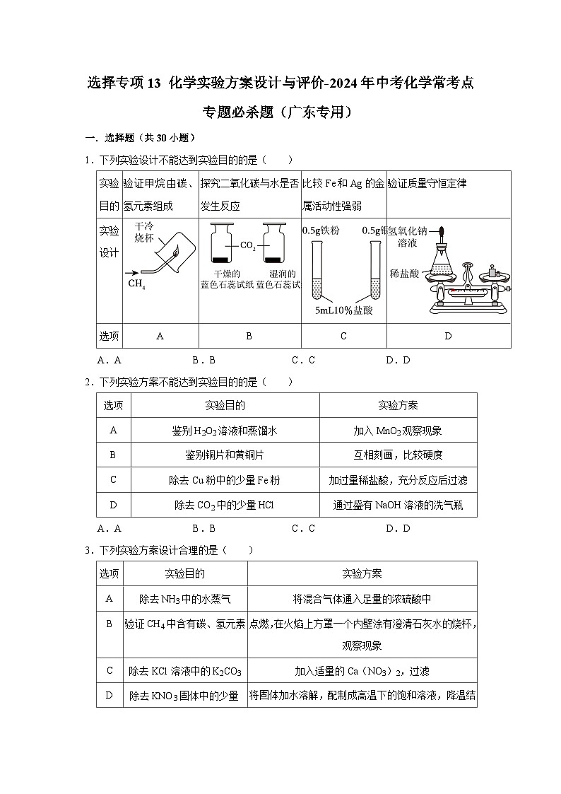 选择专项13 化学实验方案设计与评价共30题-2024年中考化学常考点专题必杀题（广东专用）（原卷版）第1页