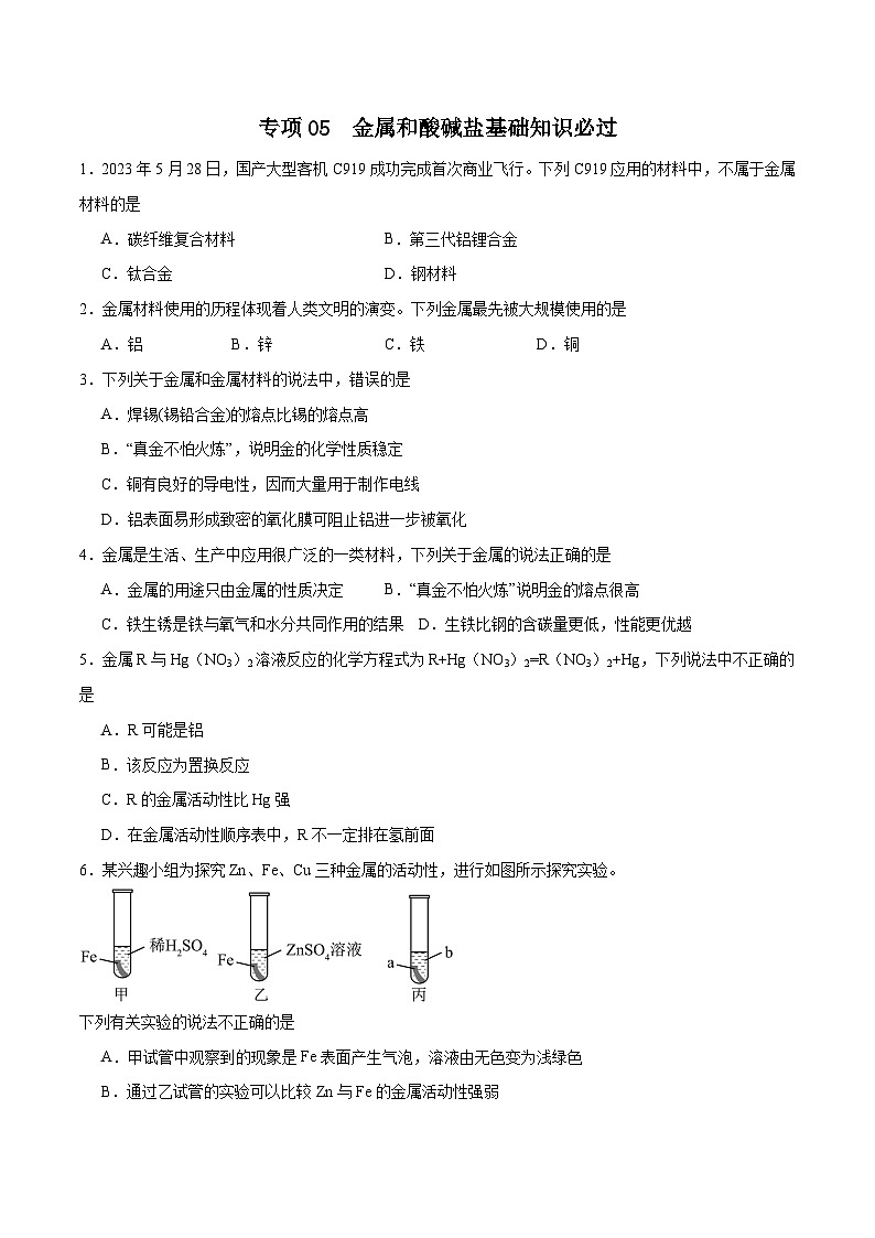 专项05 金属和酸碱盐基础知识必过30题-2024年中考化学常考点必杀300题（全国通用）（原卷版）第1页