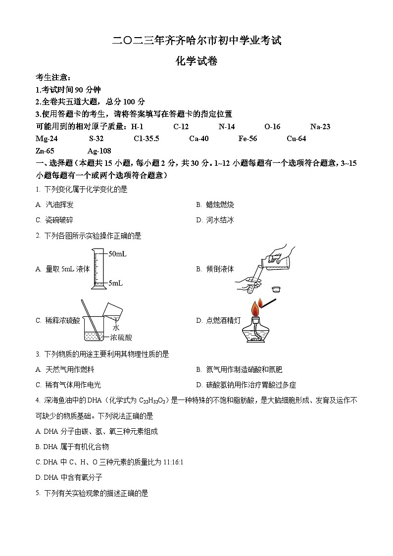 2023年黑龙江省齐齐哈尔市中考化学真题试卷（解析版）01
