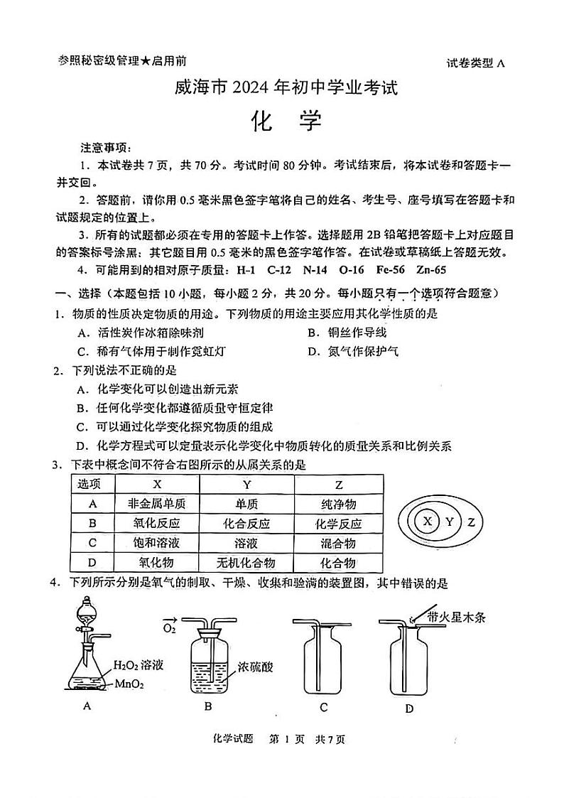 2024年山东省威海市中考化学真题第1页